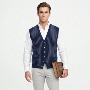 J. Crew Vest Cashmere Knit Blue Stripes Preppy Academia Casual Office L NWT